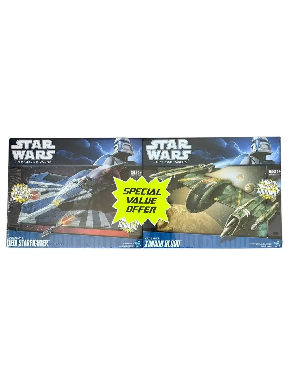 Star Wars Clone Wars CAD BANE XANADU BLOOD PLO KOON'S JEDI STARFIGHTER 2PACK MIB